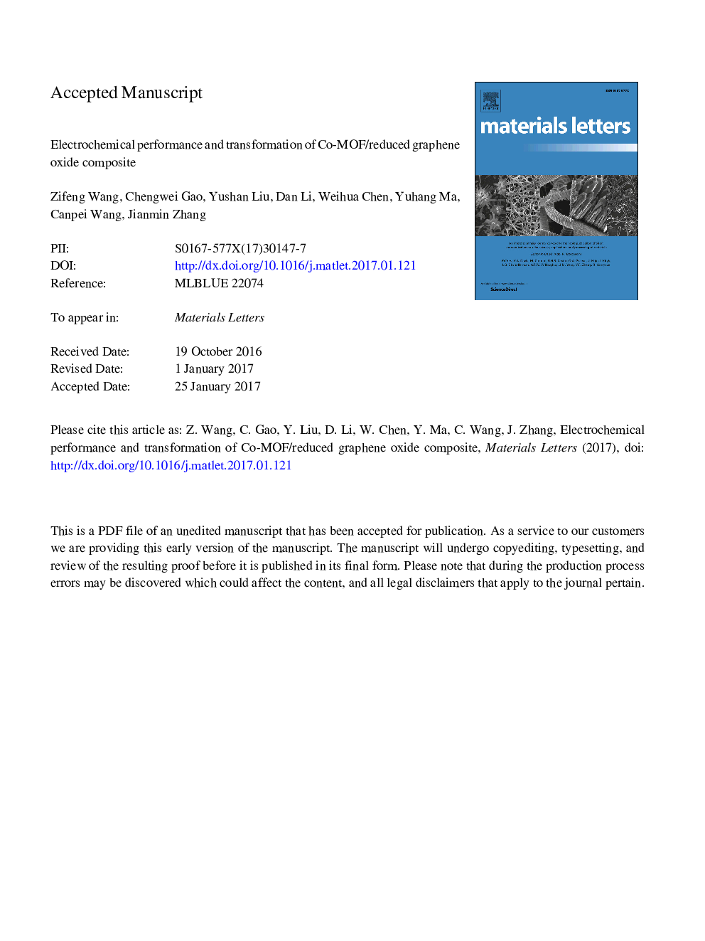 Electrochemical performance and transformation of Co-MOF/reduced graphene oxide composite