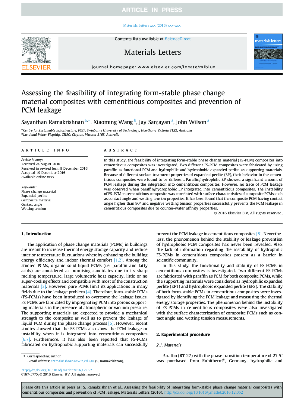 Assessing the feasibility of integrating form-stable phase change material composites with cementitious composites and prevention of PCM leakage