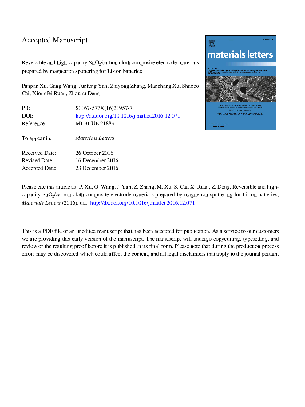 Reversible and high-capacity SnO2/carbon cloth composite electrode materials prepared by magnetron sputtering for Li-ion batteries