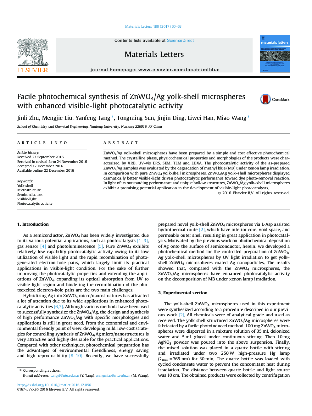 Facile photochemical synthesis of ZnWO4/Ag yolk-shell microspheres with enhanced visible-light photocatalytic activity