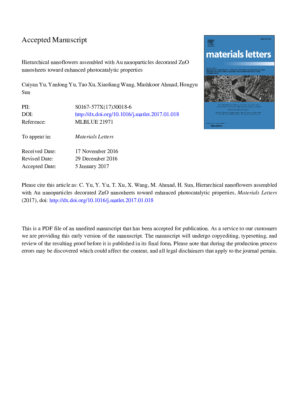 Hierarchical nanoflowers assembled with Au nanoparticles decorated ZnO nanosheets toward enhanced photocatalytic properties