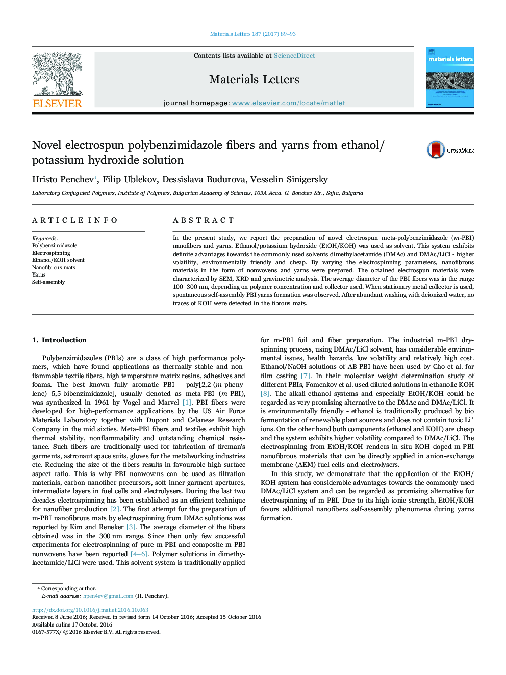 Novel electrospun polybenzimidazole fibers and yarns from ethanol/potassium hydroxide solution