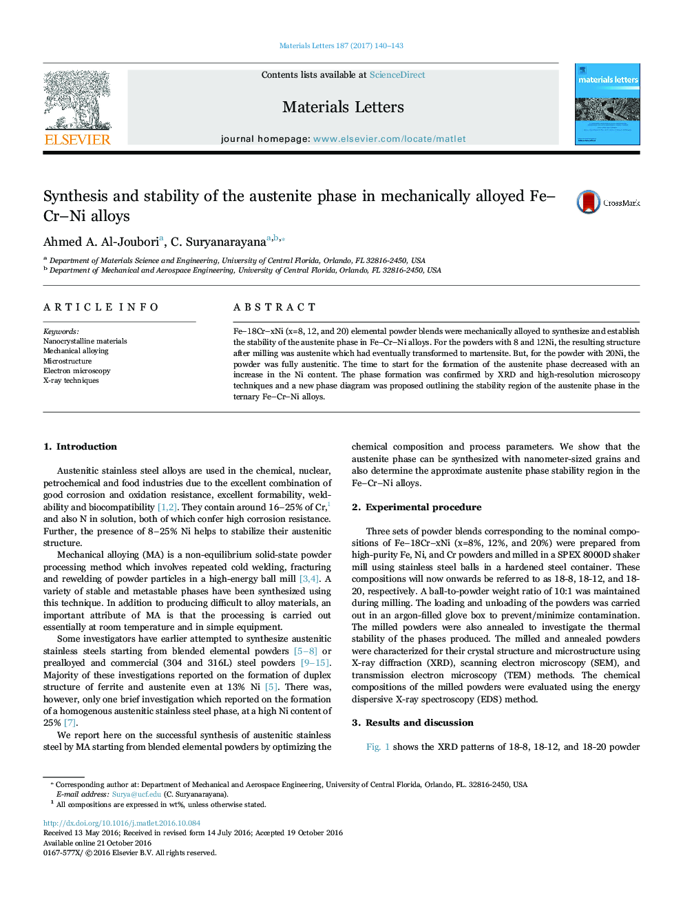 Synthesis and stability of the austenite phase in mechanically alloyed Fe-Cr-Ni alloys