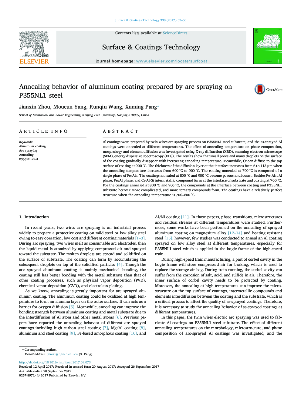 Annealing behavior of aluminum coating prepared by arc spraying on P355NL1 steel