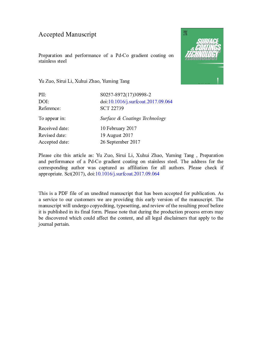 عکس صفحه اول مقاله: Preparation and performance of a Pd-Co gradient coating on stainless steel Preparation and performance of a Pd-Co gradient coating on stainless steel