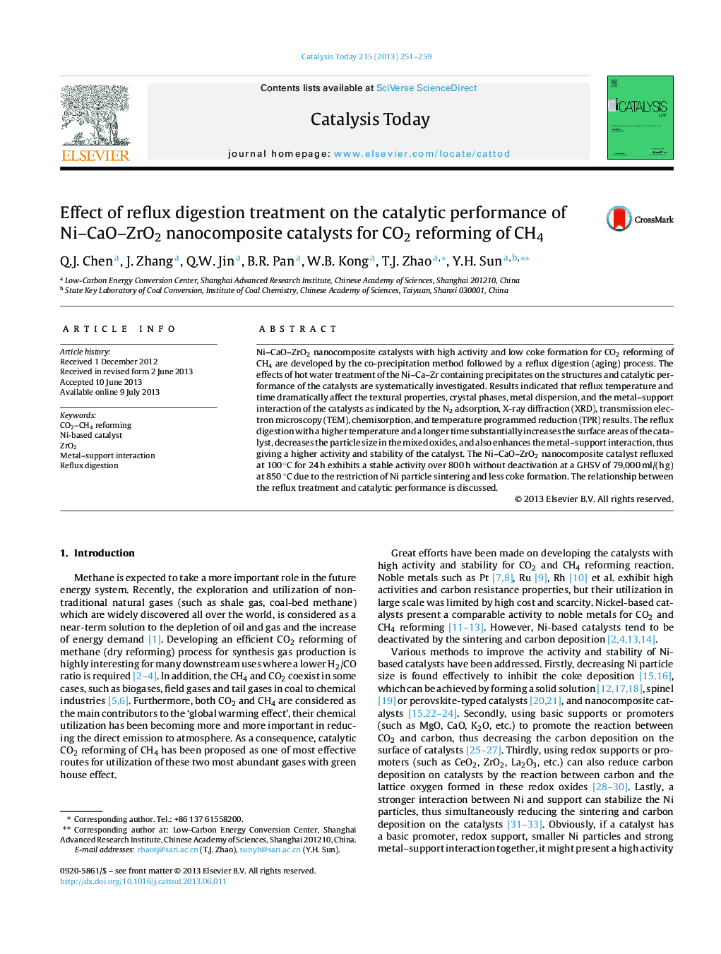 Effect of reflux digestion treatment on the catalytic performance of Ni–CaO–ZrO2 nanocomposite catalysts for CO2 reforming of CH4