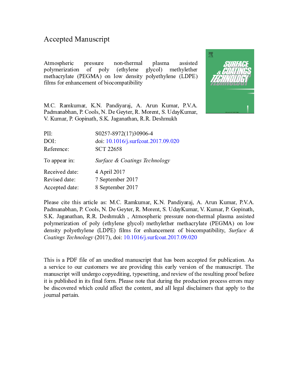 Atmospheric pressure non-thermal plasma assisted polymerization of poly (ethylene glycol) methylether methacrylate (PEGMA) on low density polyethylene (LDPE) films for enhancement of biocompatibility