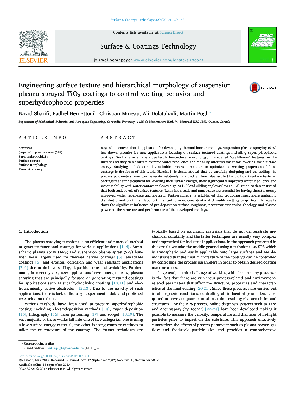 Engineering surface texture and hierarchical morphology of suspension plasma sprayed TiO2 coatings to control wetting behavior and superhydrophobic properties
