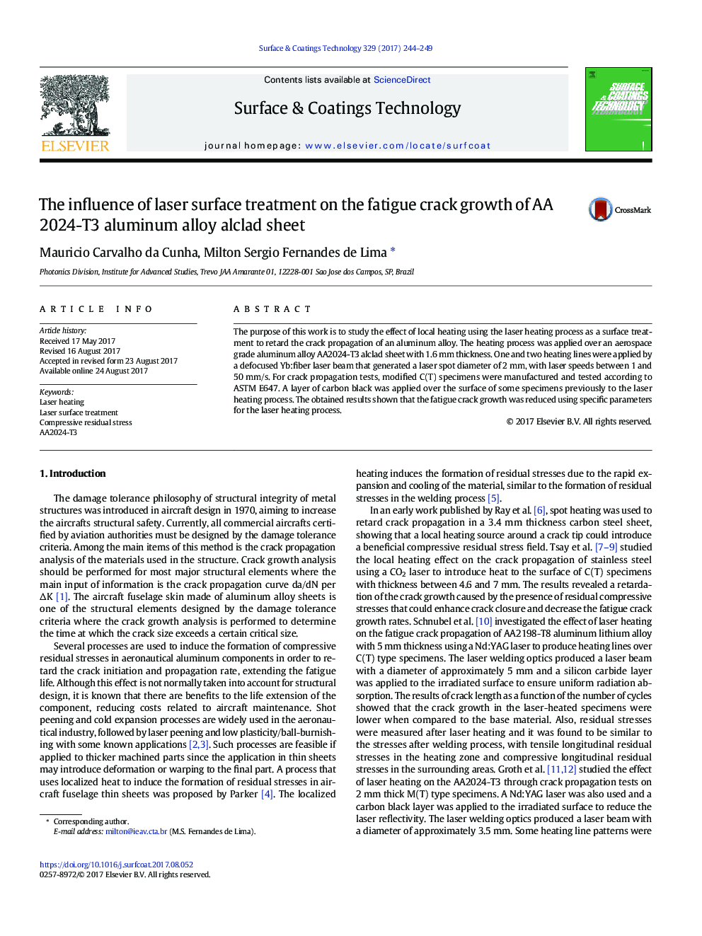 عکس صفحه اول مقاله: The influence of laser surface treatment on the fatigue crack growth of AA 2024-T3 aluminum alloy alclad sheet The influence of laser surface treatment on the fatigue crack growth of AA 2024-T3 aluminum alloy alclad sheet