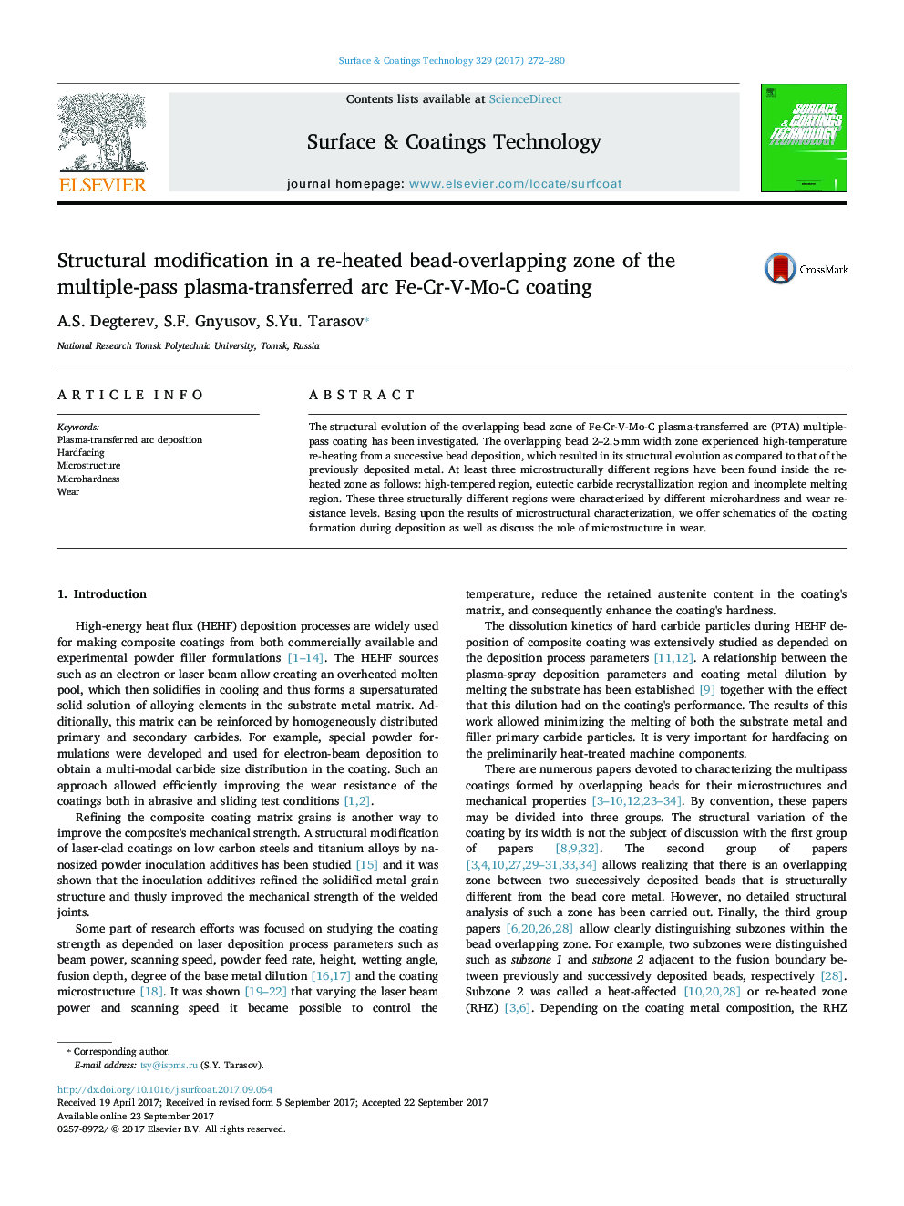 Structural modification in a re-heated bead-overlapping zone of the multiple-pass plasma-transferred arc Fe-Cr-V-Mo-C coating