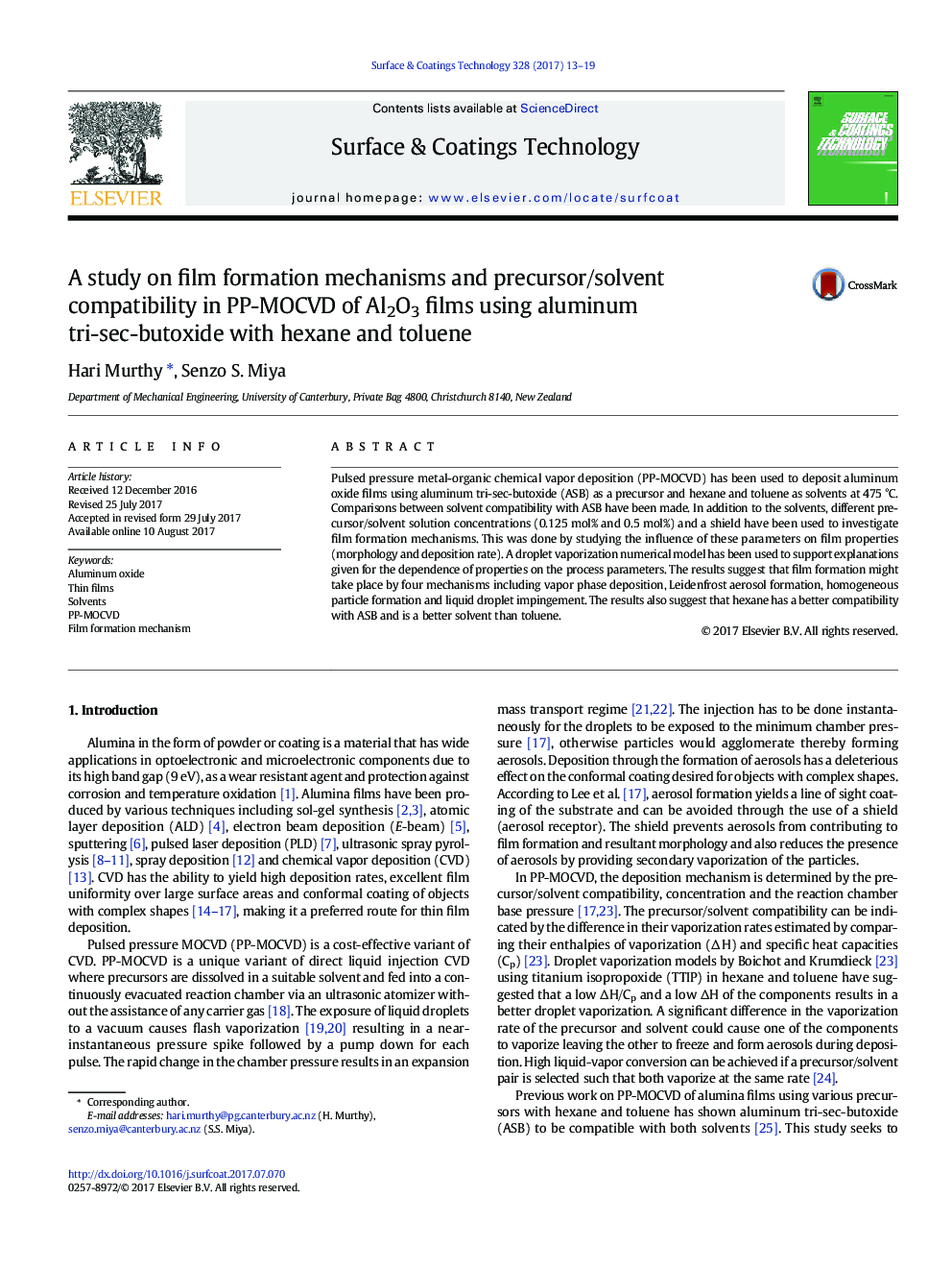 A study on film formation mechanisms and precursor/solvent compatibility in PP-MOCVD of Al2O3 films using aluminum tri-sec-butoxide with hexane and toluene