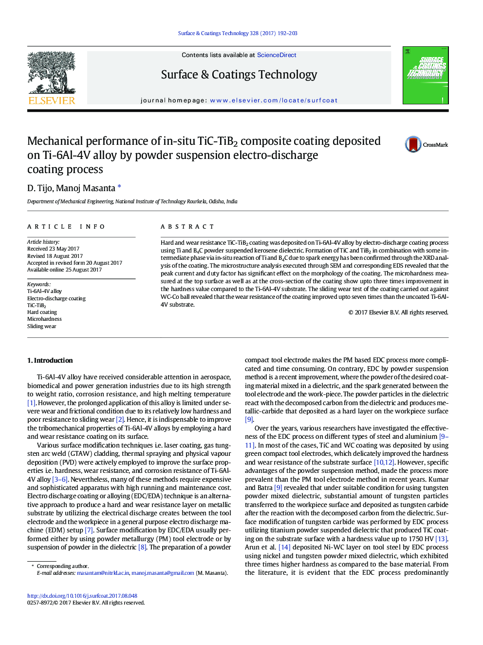 Mechanical performance of in-situ TiC-TiB2 composite coating deposited on Ti-6Al-4V alloy by powder suspension electro-discharge coating process