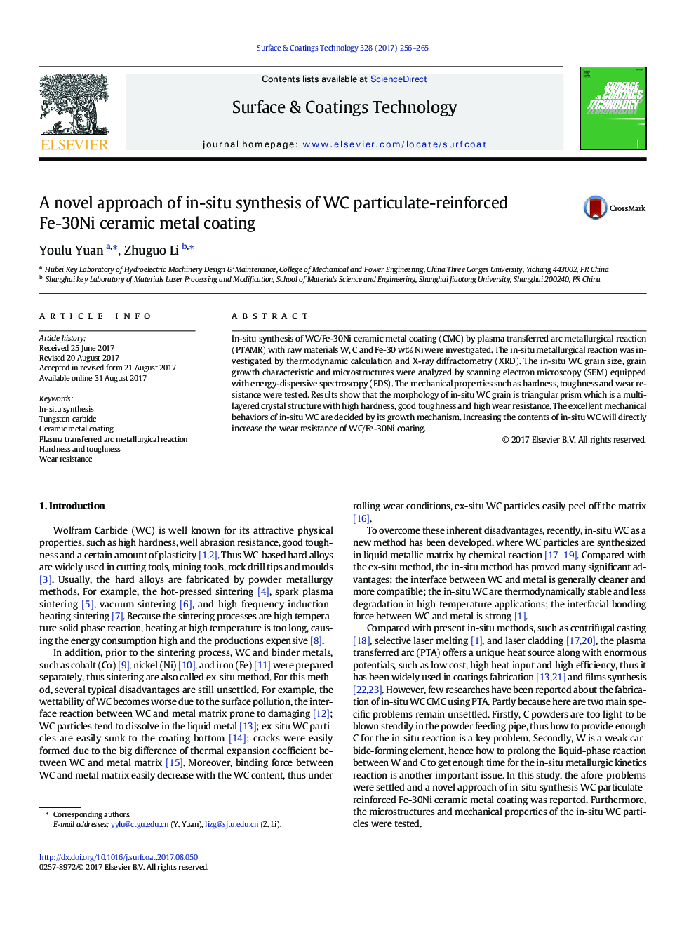 A novel approach of in-situ synthesis of WC particulate-reinforced Fe-30Ni ceramic metal coating