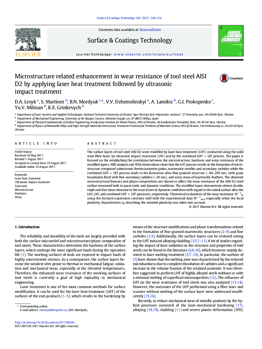 Microstructure related enhancement in wear resistance of tool steel AISI D2 by applying laser heat treatment followed by ultrasonic impact treatment