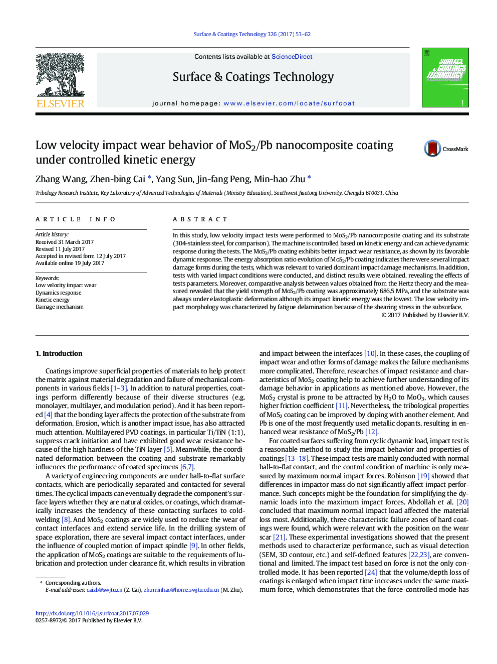 Low velocity impact wear behavior of MoS2/Pb nanocomposite coating under controlled kinetic energy