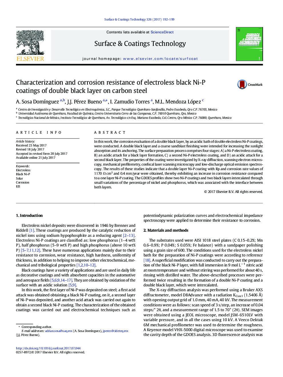 Characterization and corrosion resistance of electroless black Ni-P coatings of double black layer on carbon steel