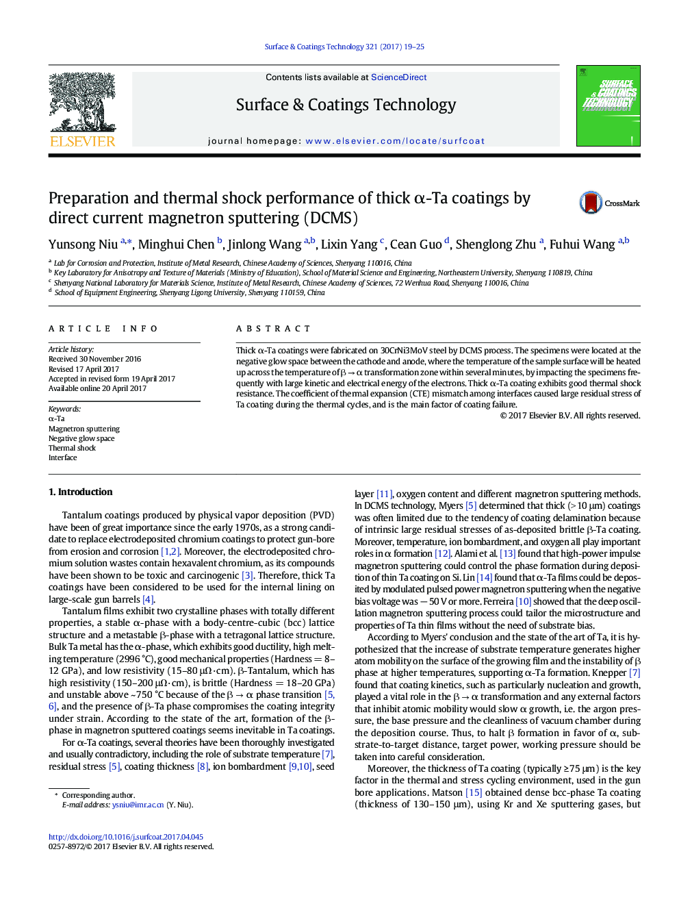 Preparation and thermal shock performance of thick Î±-Ta coatings by direct current magnetron sputtering (DCMS)