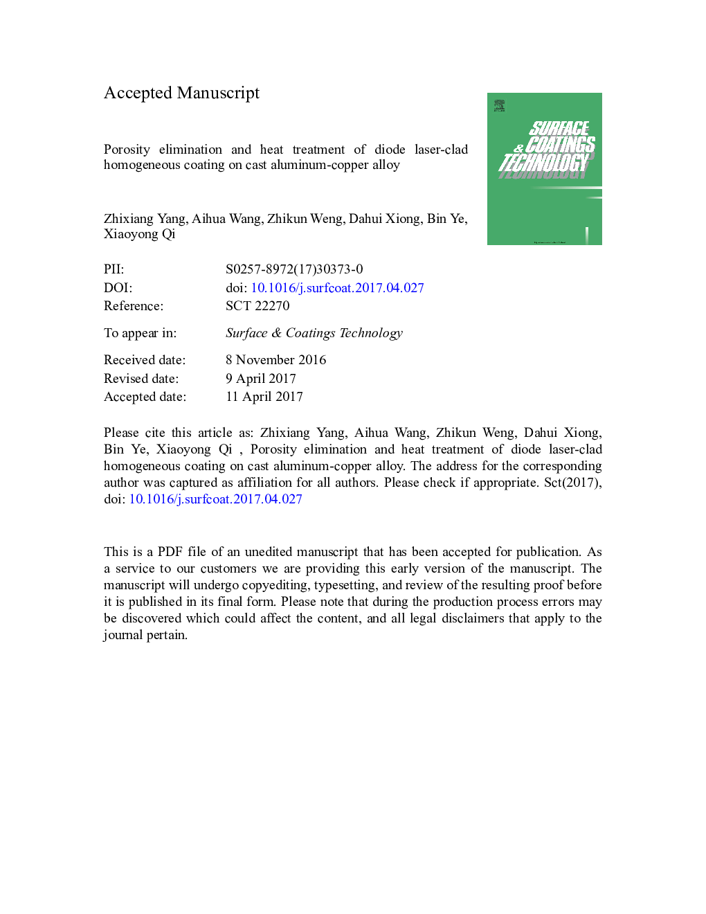 Porosity elimination and heat treatment of diode laser-clad homogeneous coating on cast aluminum-copper alloy