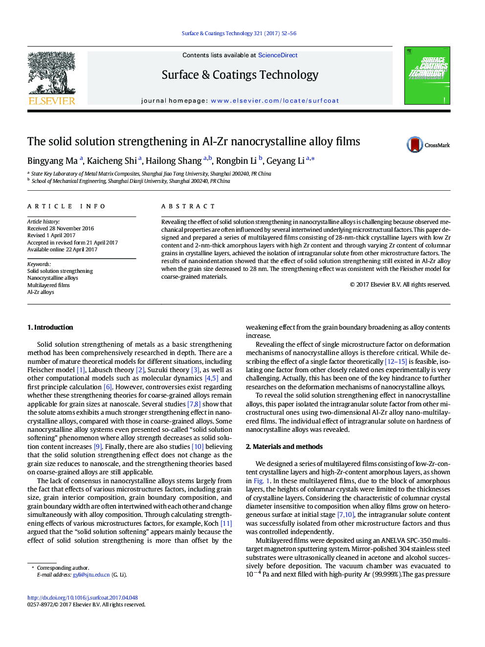 The solid solution strengthening in Al-Zr nanocrystalline alloy films