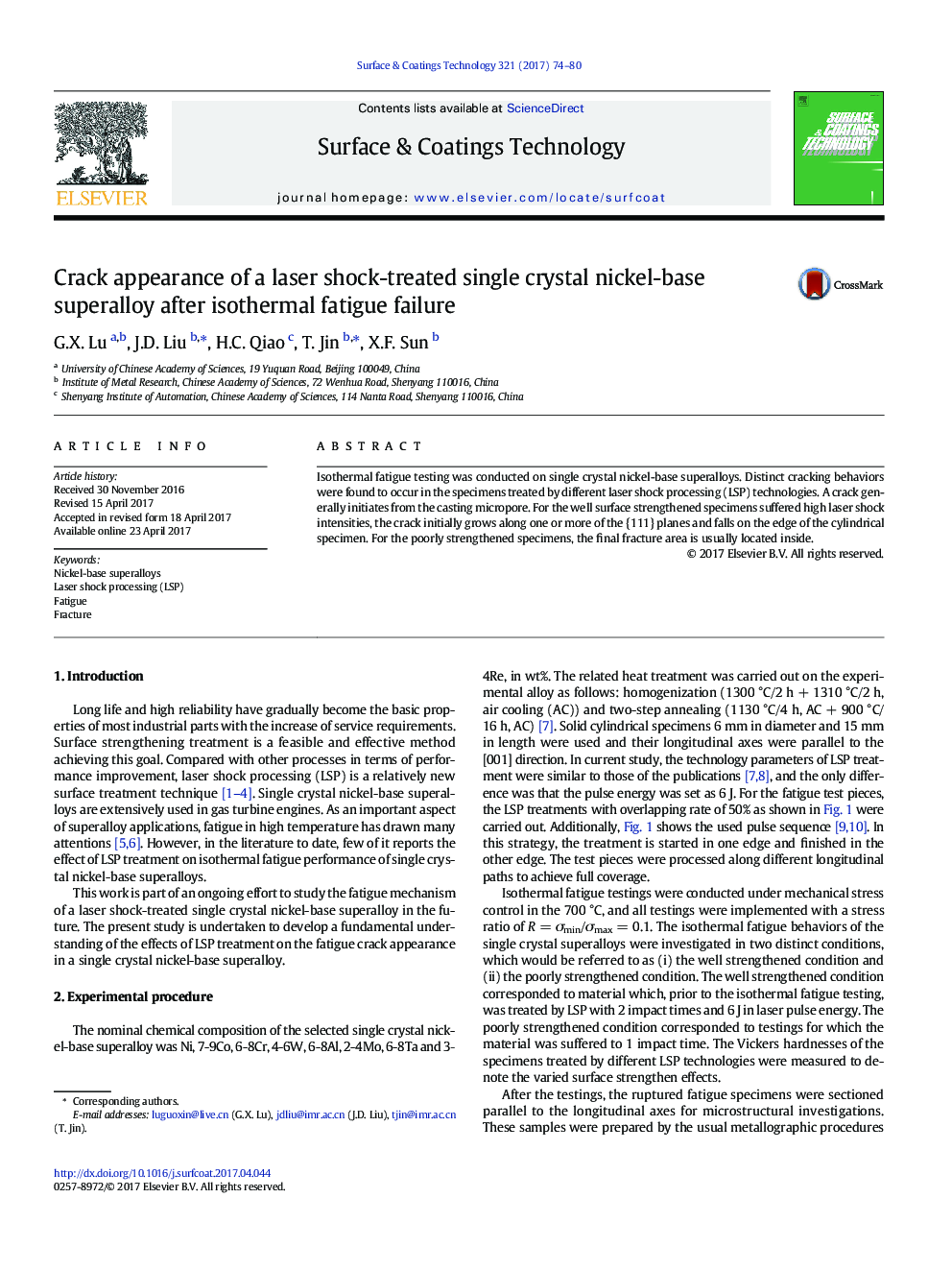 Crack appearance of a laser shock-treated single crystal nickel-base superalloy after isothermal fatigue failure