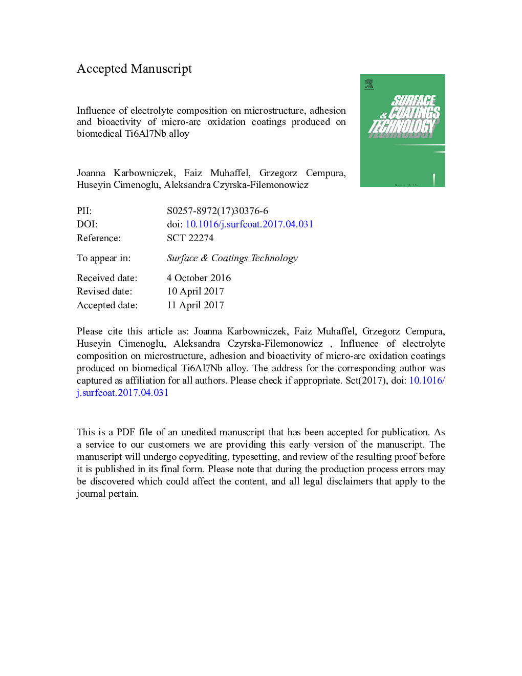 Influence of electrolyte composition on microstructure, adhesion and bioactivity of micro-arc oxidation coatings produced on biomedical Ti6Al7Nb alloy