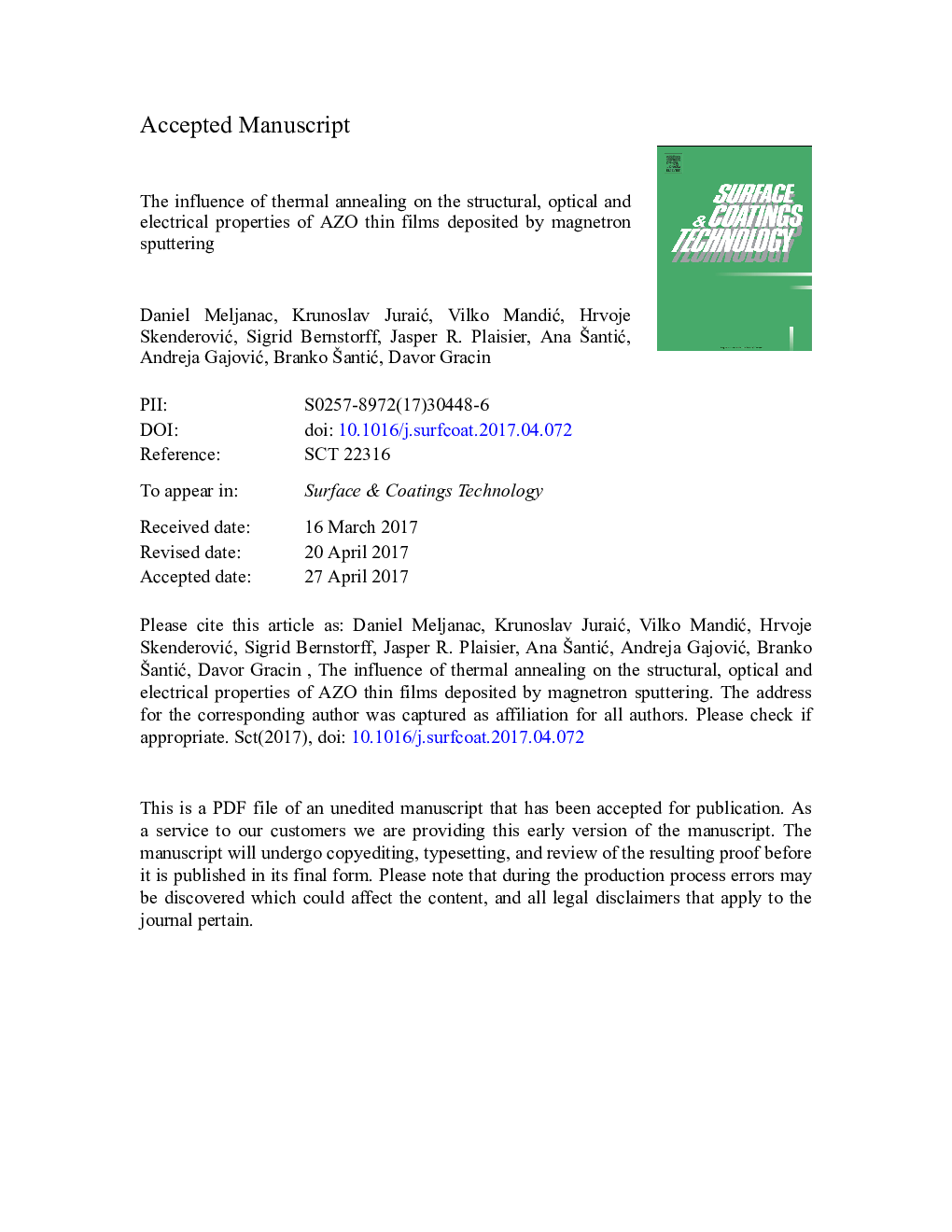 The influence of thermal annealing on the structural, optical and electrical properties of AZO thin films deposited by magnetron sputtering