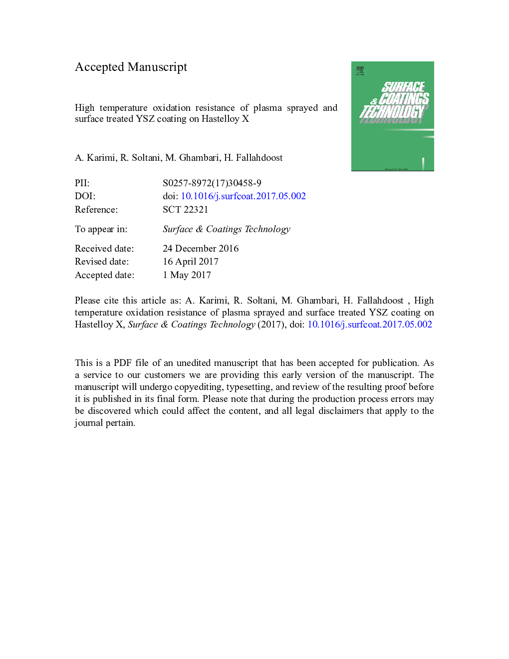 High temperature oxidation resistance of plasma sprayed and surface treated YSZ coating on Hastelloy X