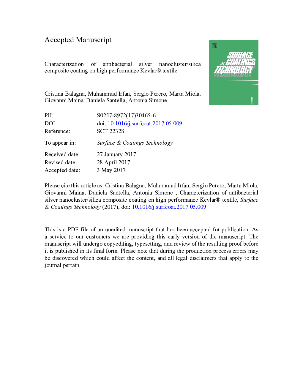 Characterization of antibacterial silver nanocluster/silica composite coating on high performance Kevlar® textile