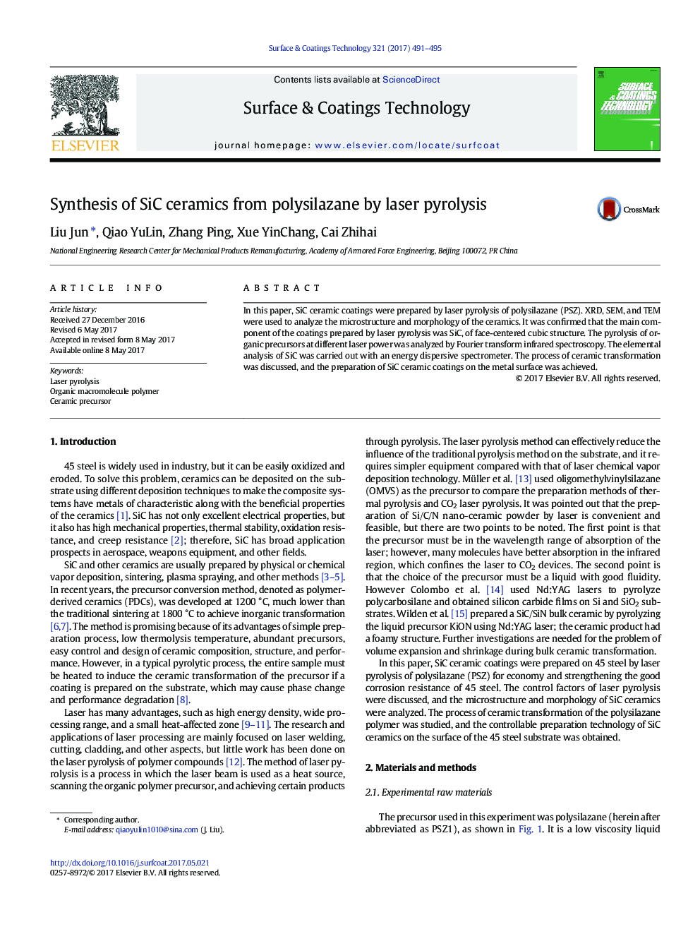 Synthesis of SiC ceramics from polysilazane by laser pyrolysis