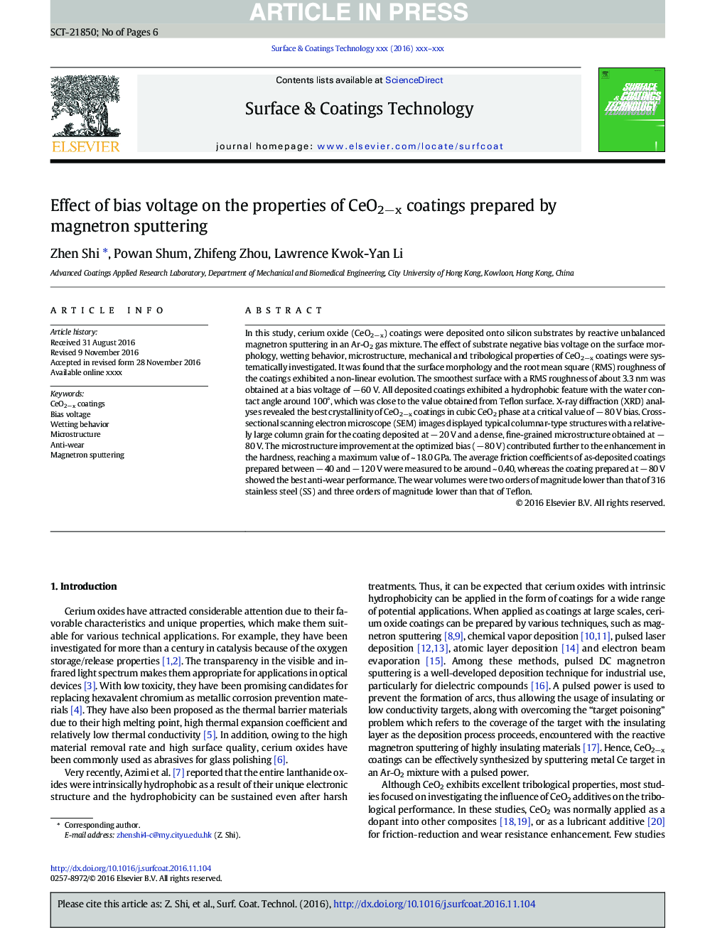 Effect of bias voltage on the properties of CeO2âx coatings prepared by magnetron sputtering