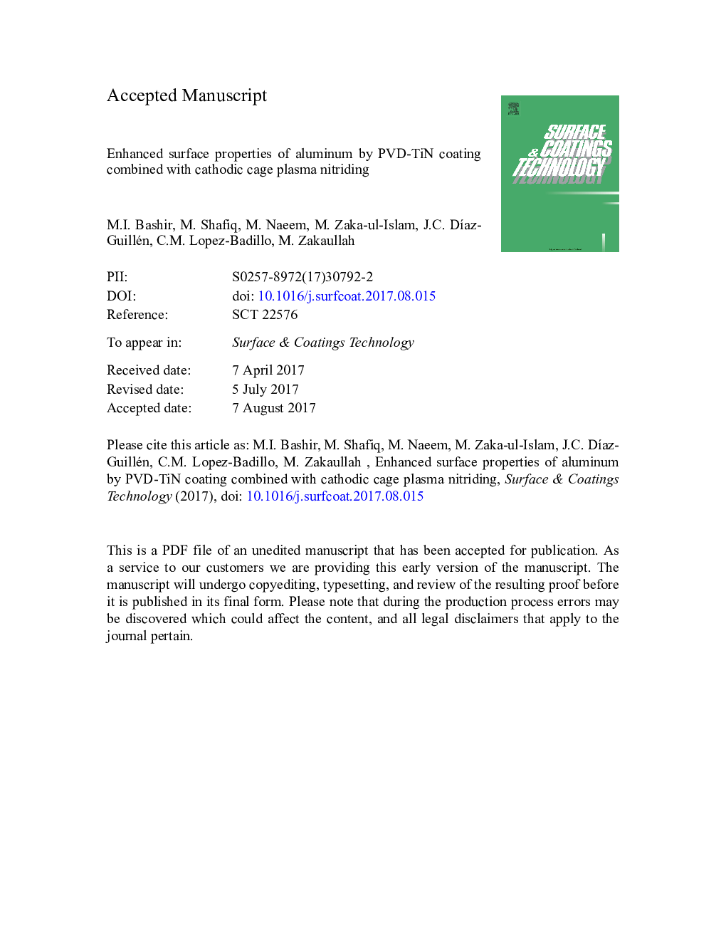 Enhanced surface properties of aluminum by PVD-TiN coating combined with cathodic cage plasma nitriding