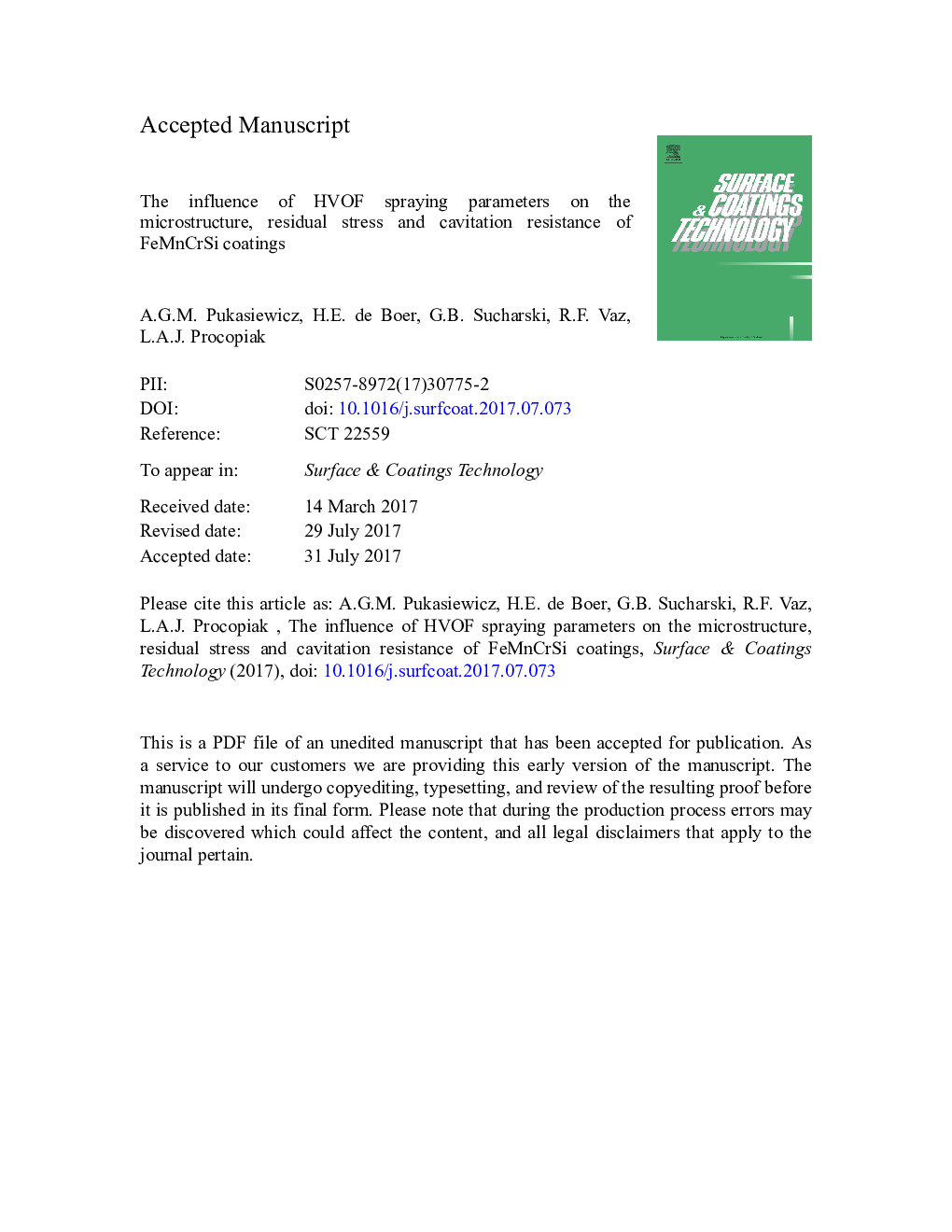 The influence of HVOF spraying parameters on the microstructure, residual stress and cavitation resistance of FeMnCrSi coatings