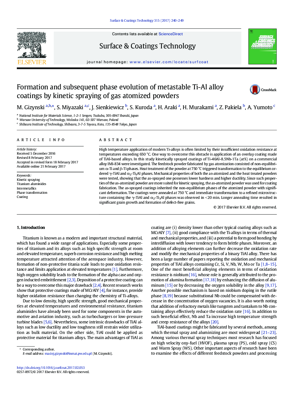 Formation and subsequent phase evolution of metastable Ti-Al alloy coatings by kinetic spraying of gas atomized powders