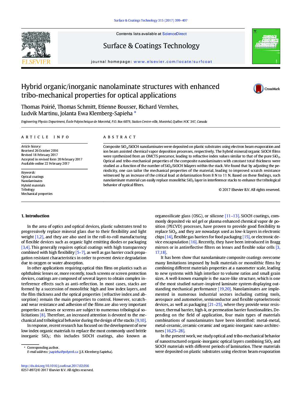 Hybrid organic/inorganic nanolaminate structures with enhanced tribo-mechanical properties for optical applications