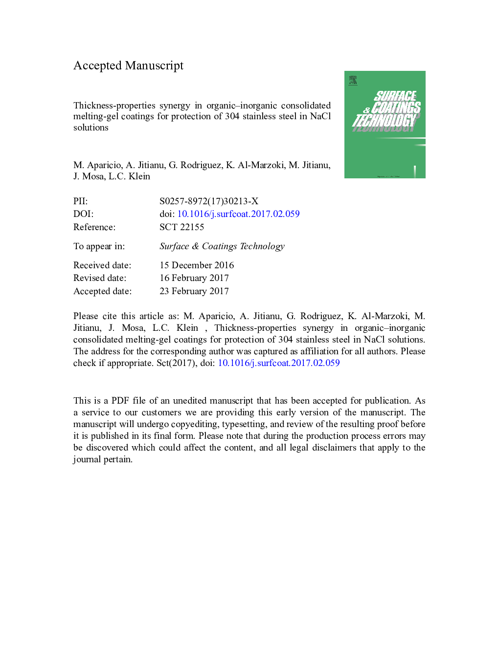 Thickness-properties synergy in organic-inorganic consolidated melting-gel coatings for protection of 304 stainless steel in NaCl solutions