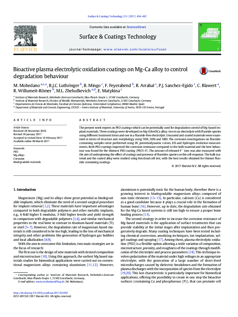 Bioactive plasma electrolytic oxidation coatings on Mg-Ca alloy to control degradation behaviour