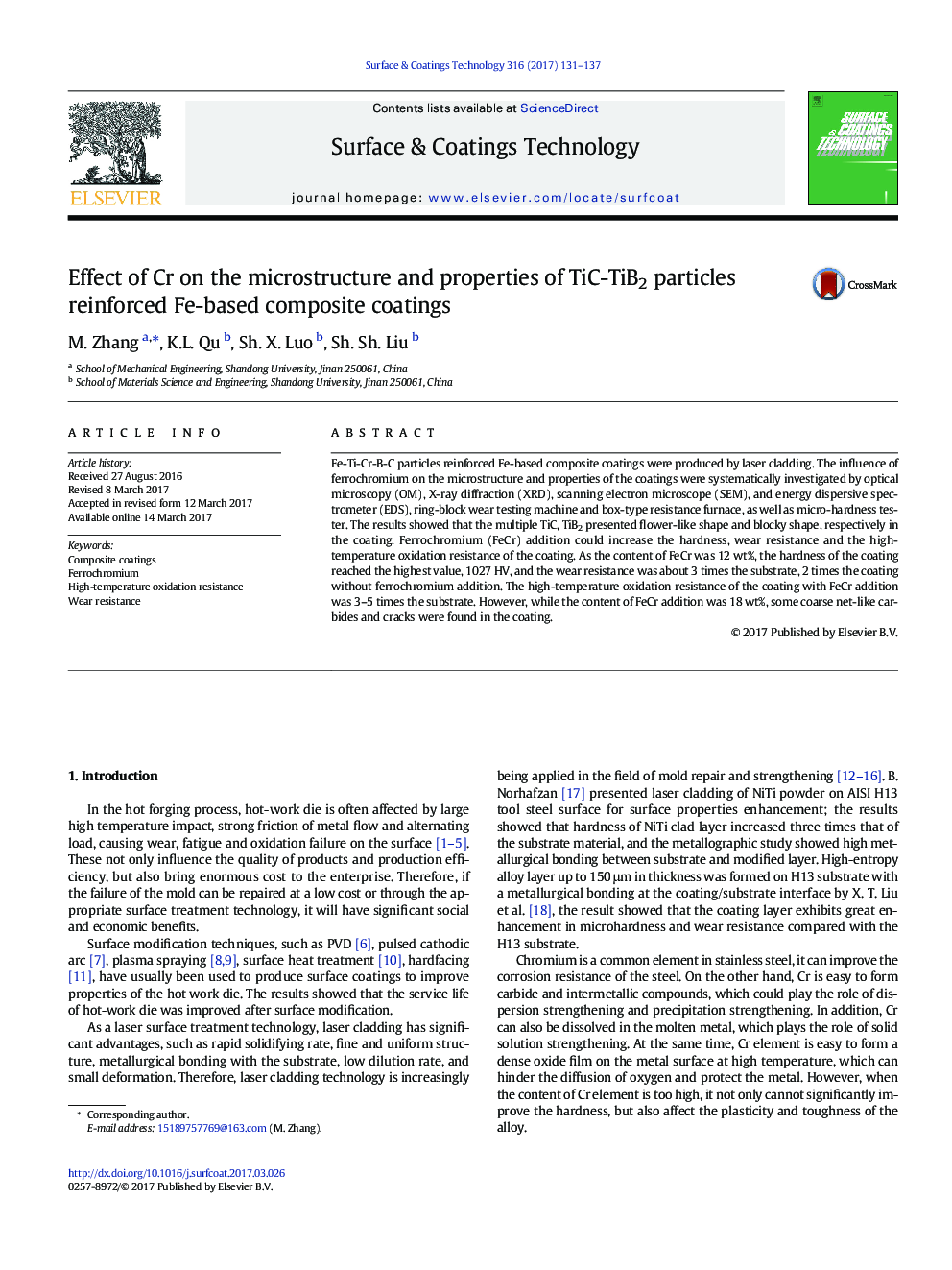 Effect of Cr on the microstructure and properties of TiC-TiB2 particles reinforced Fe-based composite coatings