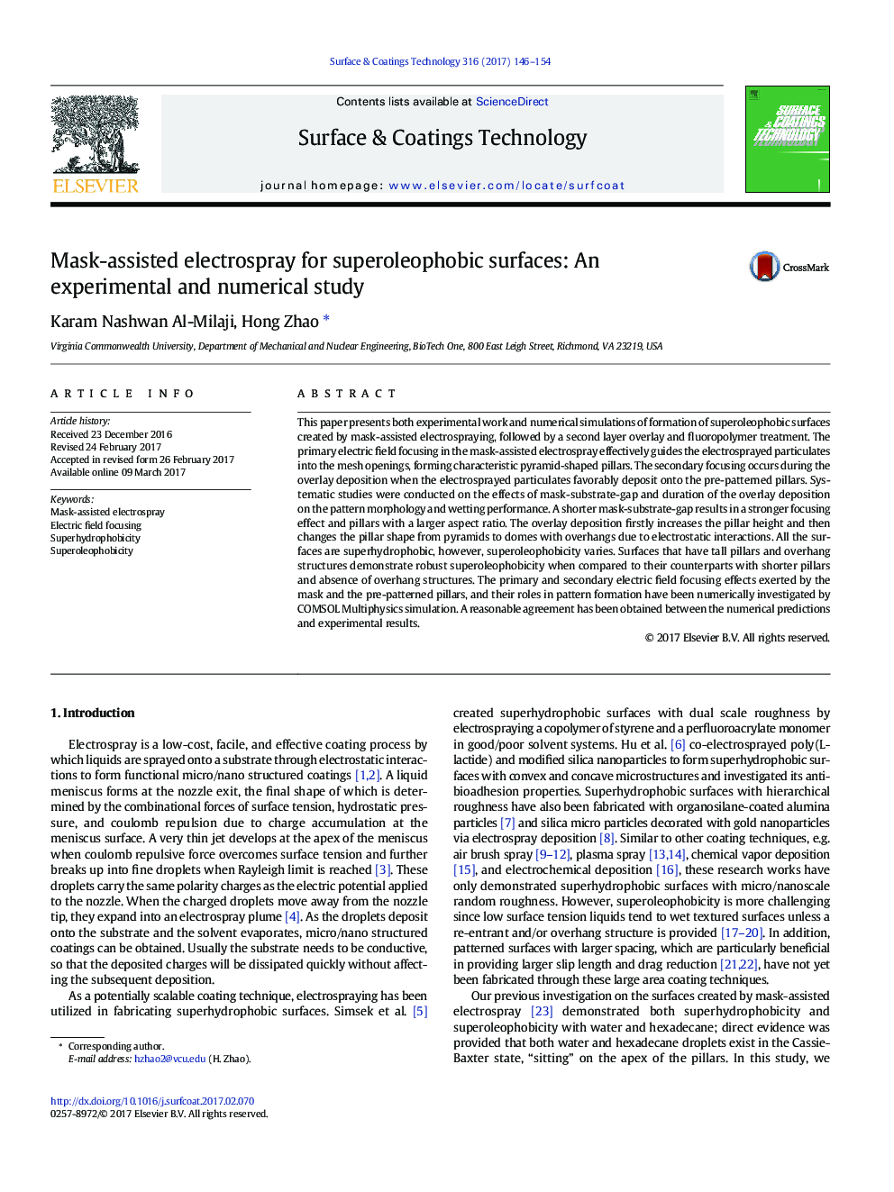 Mask-assisted electrospray for superoleophobic surfaces: An experimental and numerical study