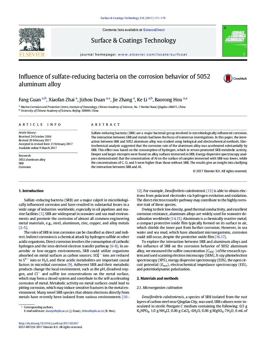 Influence of sulfate-reducing bacteria on the corrosion behavior of 5052 aluminum alloy