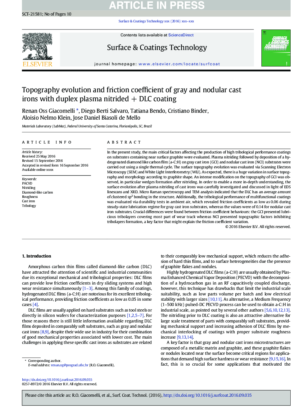 عکس صفحه اول مقاله: Topography evolution and friction coefficient of gray and nodular cast irons with duplex plasma nitrided + DLC coating Topography evolution and friction coefficient of gray and nodular cast irons with duplex plasma nitrided + DLC coating