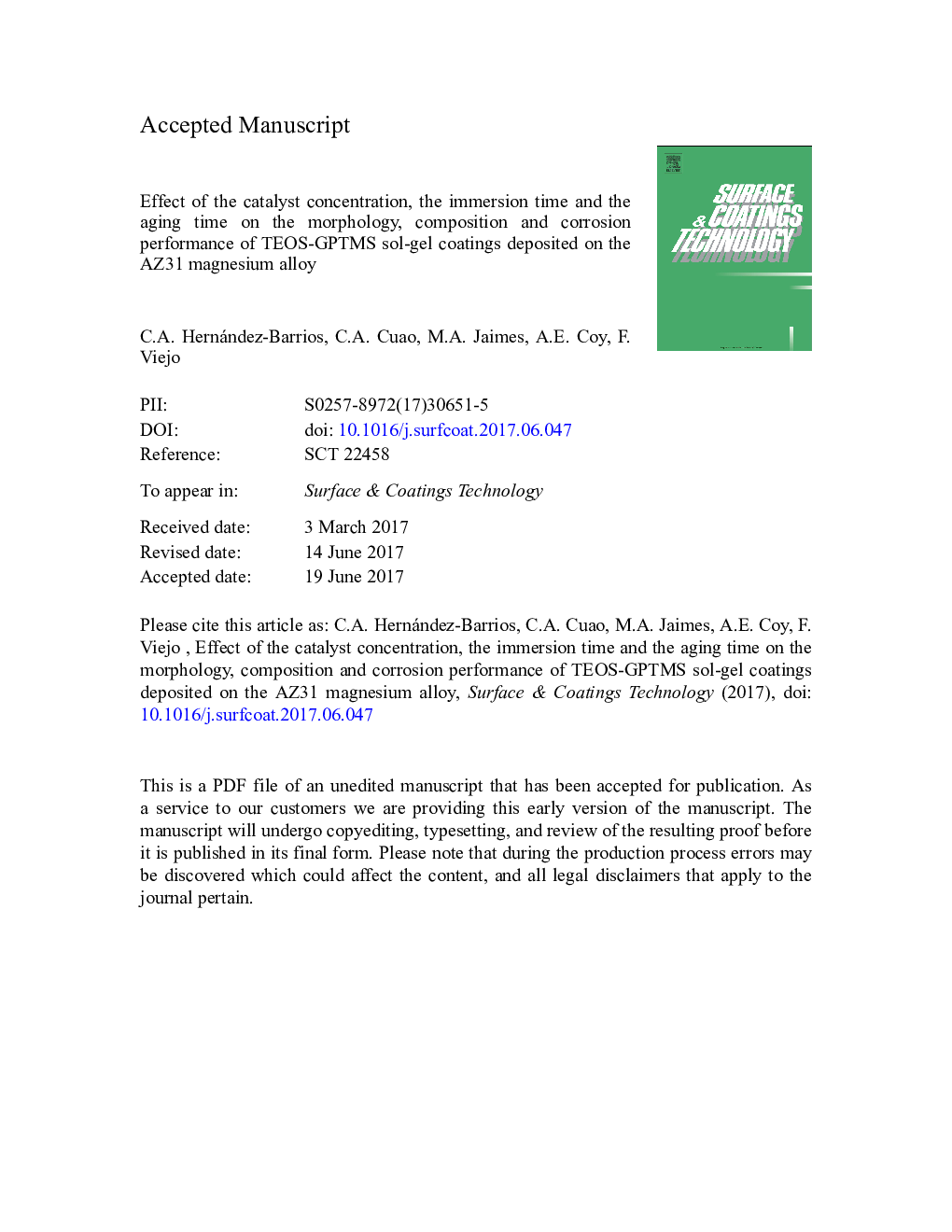 Effect of the catalyst concentration, the immersion time and the aging time on the morphology, composition and corrosion performance of TEOS-GPTMS sol-gel coatings deposited on the AZ31 magnesium alloy