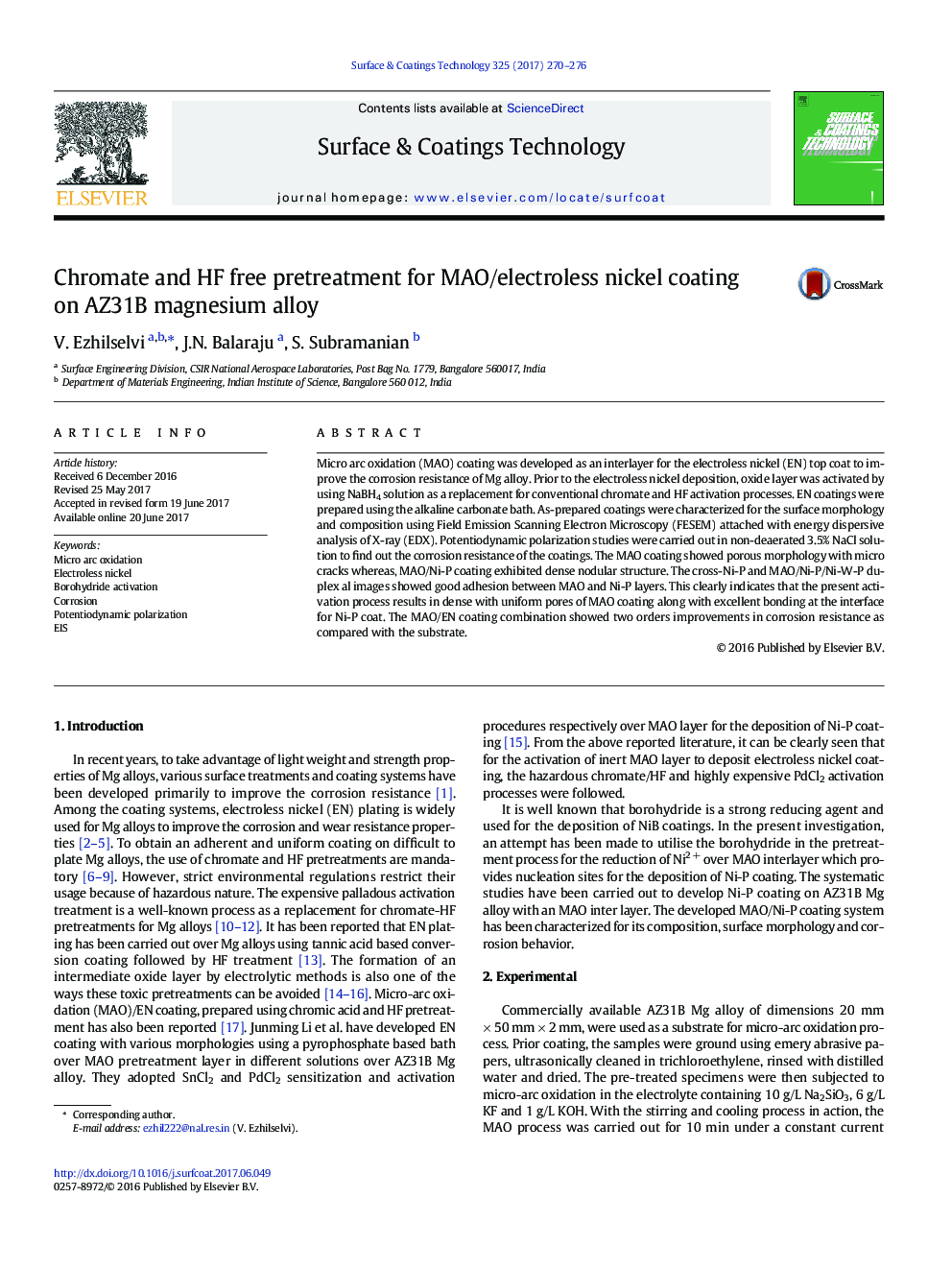 Chromate and HF free pretreatment for MAO/electroless nickel coating on AZ31B magnesium alloy