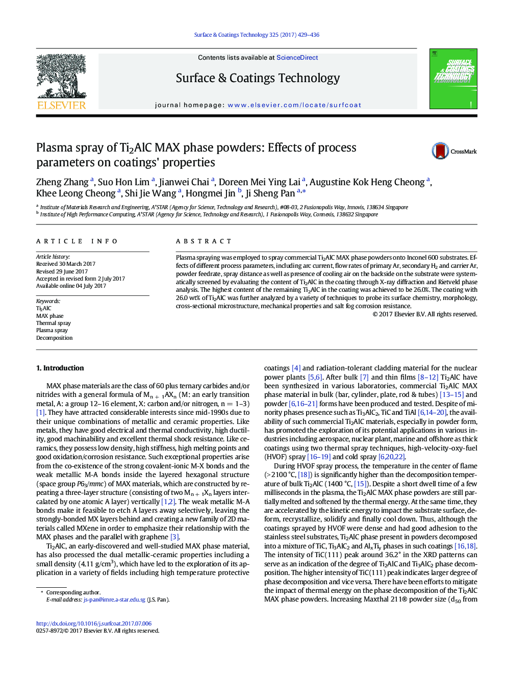 Plasma spray of Ti2AlC MAX phase powders: Effects of process parameters on coatings' properties