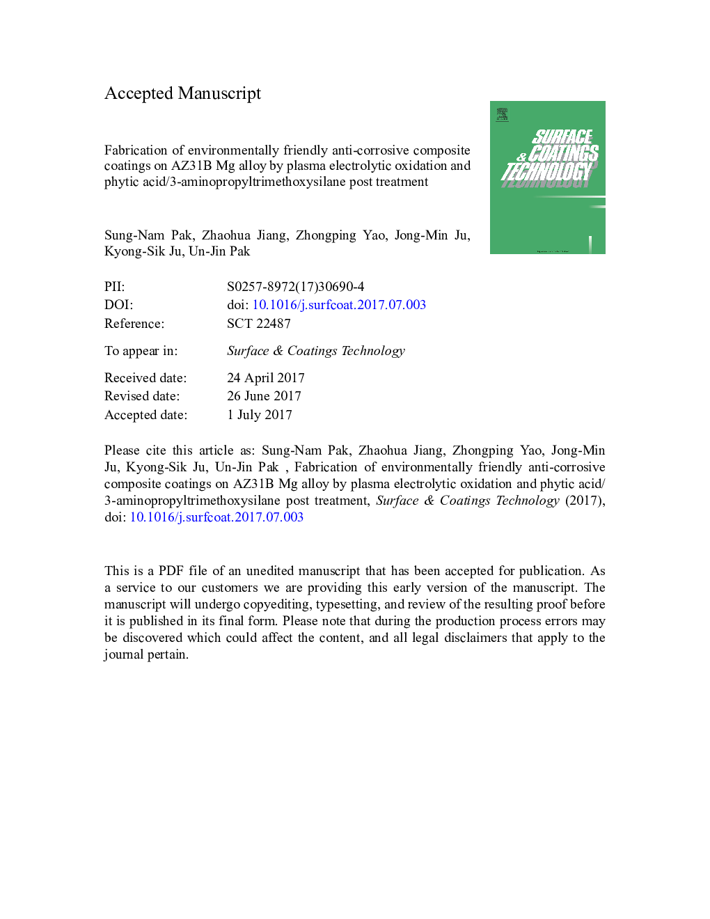 Fabrication of environmentally friendly anti-corrosive composite coatings on AZ31B Mg alloy by plasma electrolytic oxidation and phytic acid/3-aminopropyltrimethoxysilane post treatment