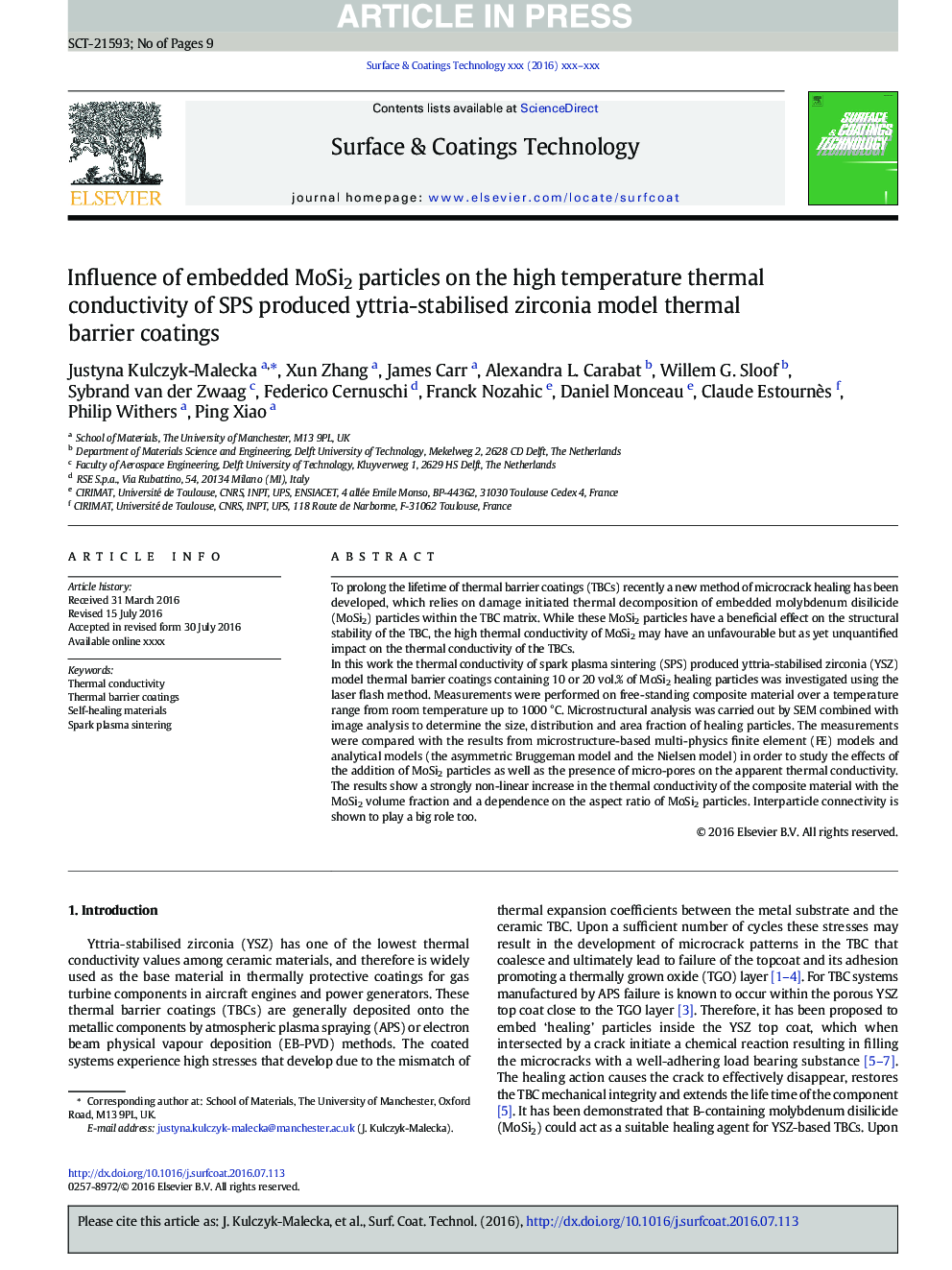 Influence of embedded MoSi2 particles on the high temperature thermal conductivity of SPS produced yttria-stabilised zirconia model thermal barrier coatings