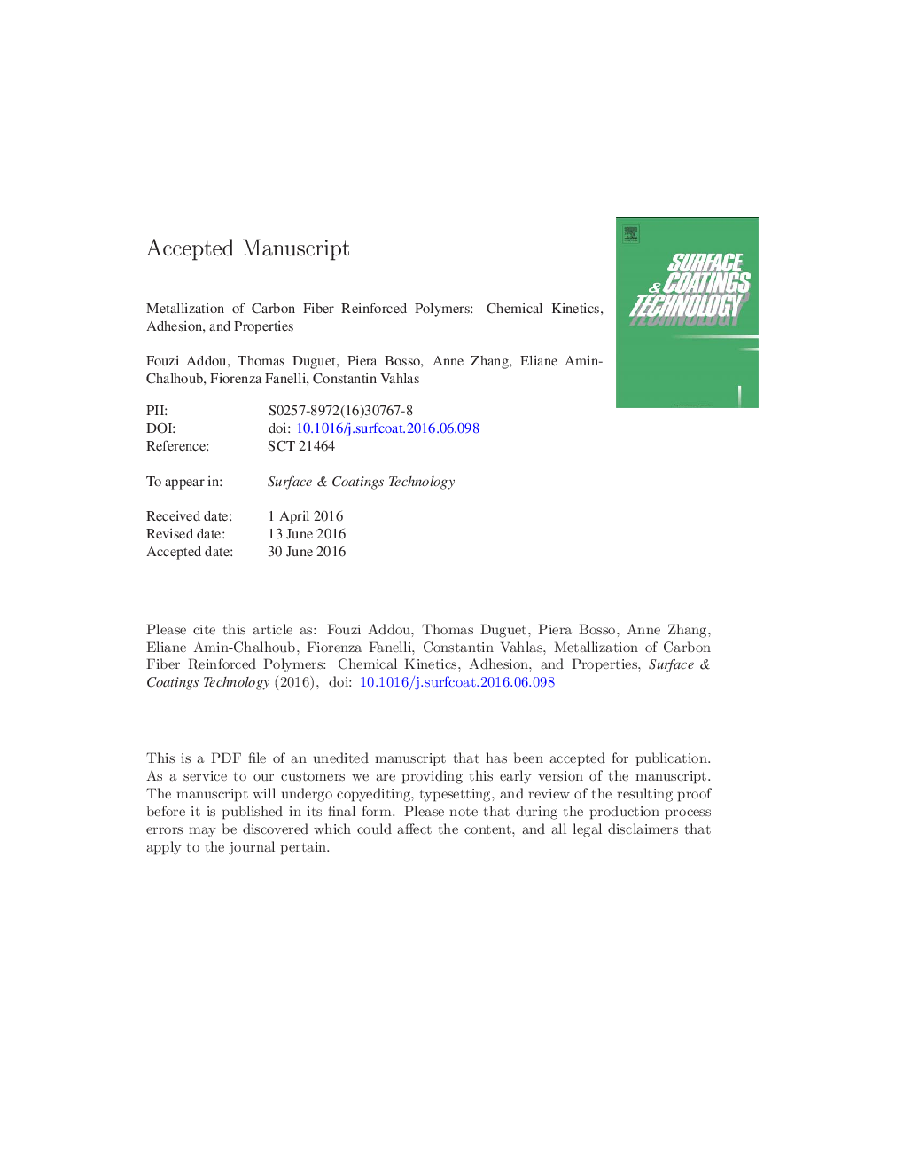 Metallization of carbon fiber reinforced polymers: Chemical kinetics, adhesion, and properties