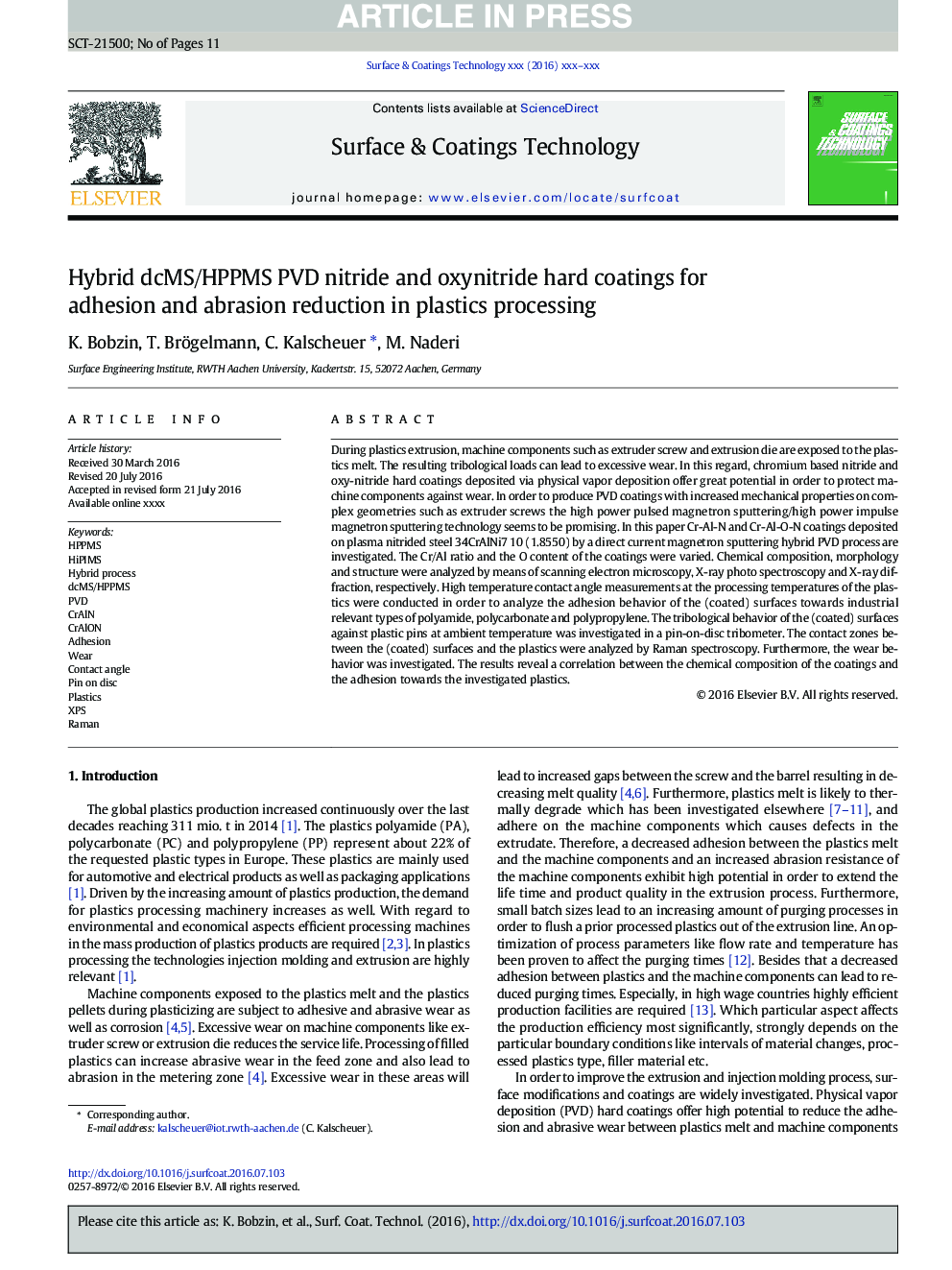 Hybrid dcMS/HPPMS PVD nitride and oxynitride hard coatings for adhesion and abrasion reduction in plastics processing