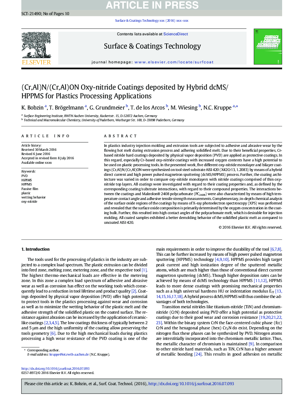 (Cr,Al)N/(Cr,Al)ON Oxy-nitride Coatings deposited by Hybrid dcMS/HPPMS for Plastics Processing Applications