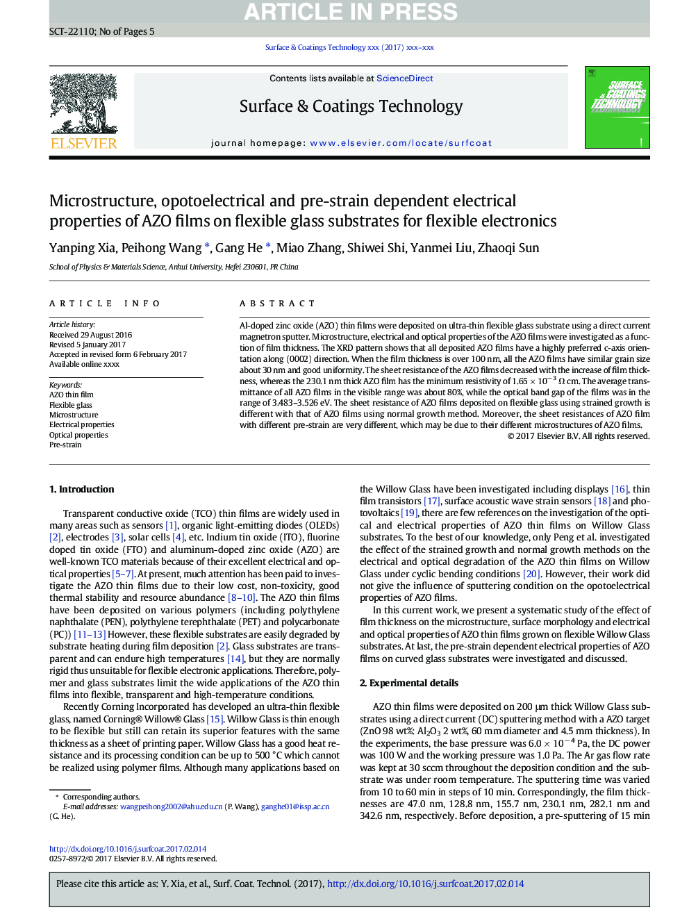 Microstructure, opotoelectrical and pre-strain dependent electrical properties of AZO films on flexible glass substrates for flexible electronics