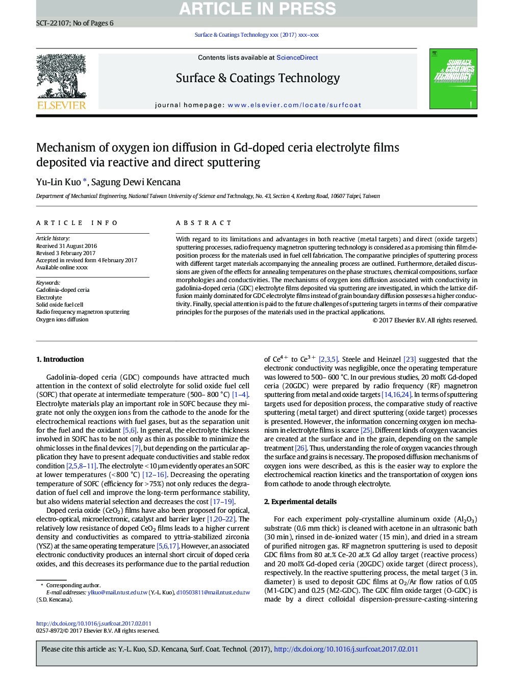 Mechanism of oxygen ion diffusion in Gd-doped ceria electrolyte films deposited via reactive and direct sputtering